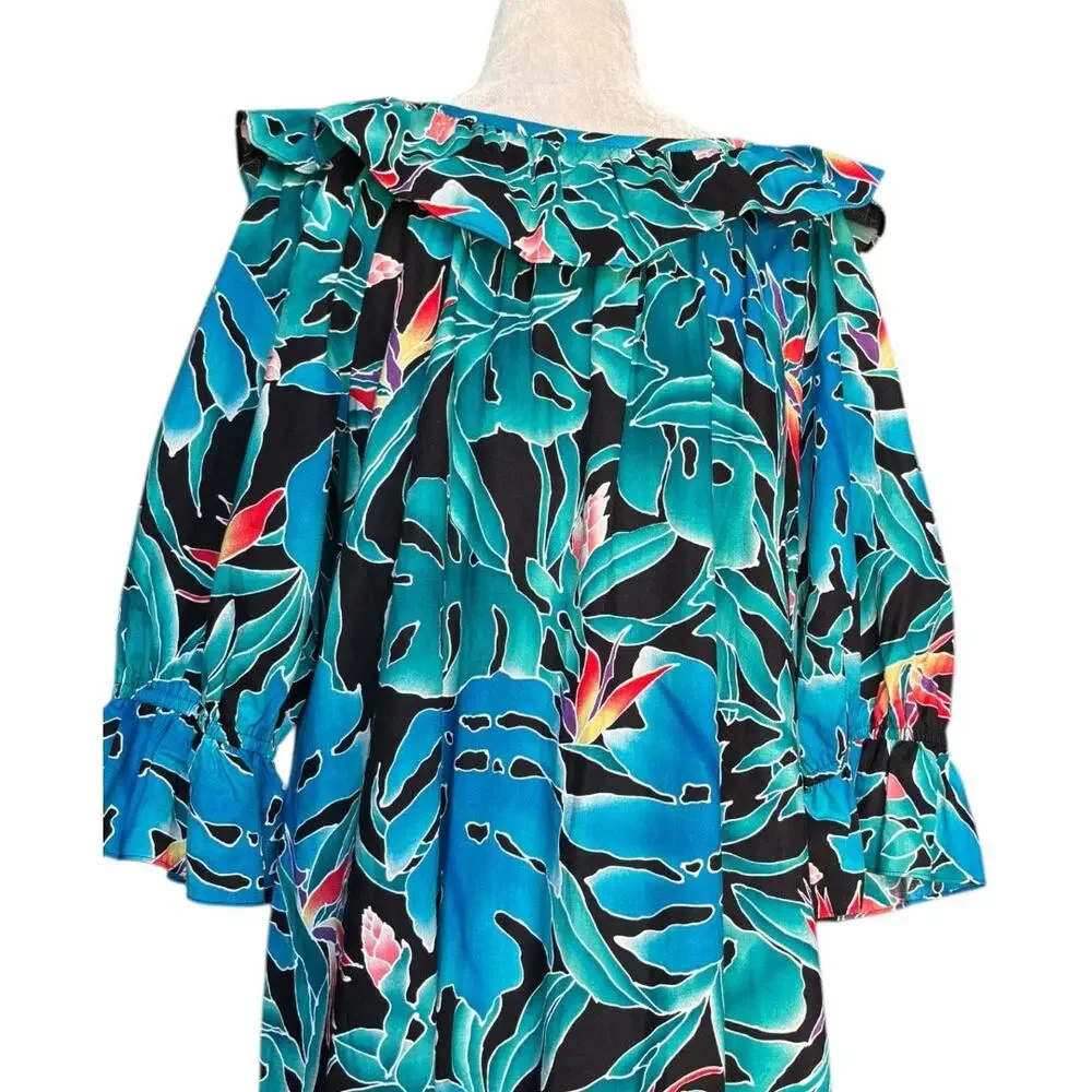 Hilo Hattie Hawaiian Dress Teal Tropical Leaf Cotton Ruffle Off Shoulder Muumuu - Picture 6 of 12